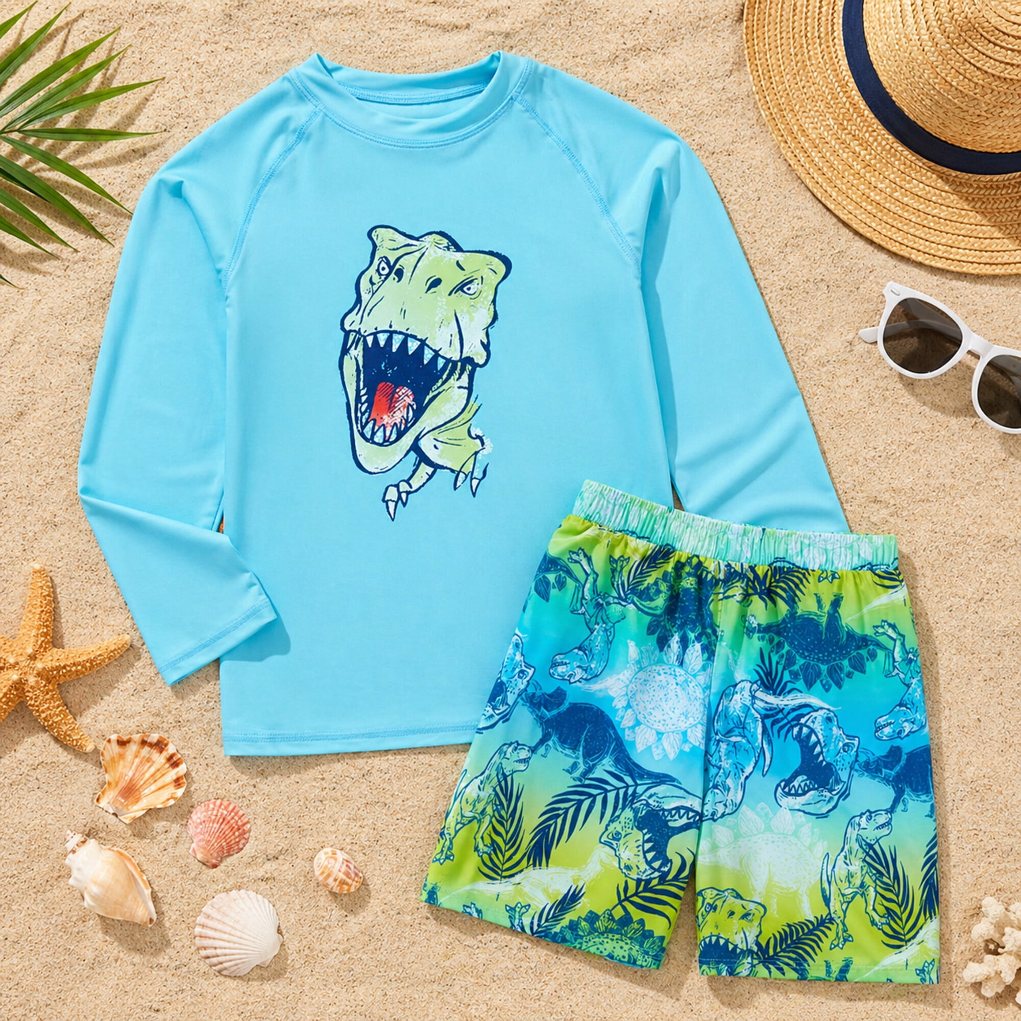 Big Chill Boys Swim Set - Boys Rash Guard Swim Set - UPF 50+ Rash Guard Long Sleeve Swim Shirt Board Short Swim Trunks (5-14)