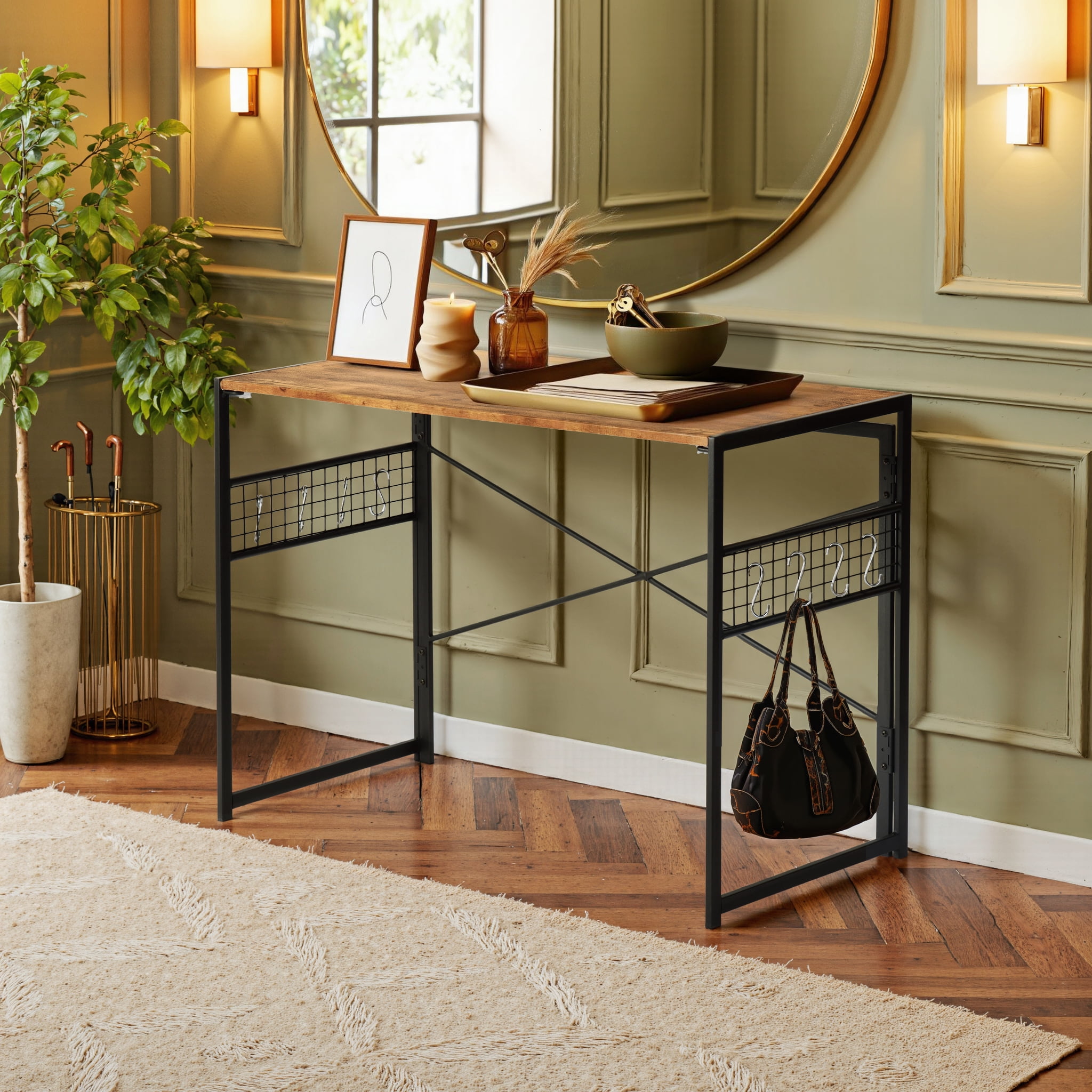 Homy Casa 39.4" Folding Table with Hooks and Grid Storage, Rustic Brown Desktop with Black Metal Frame