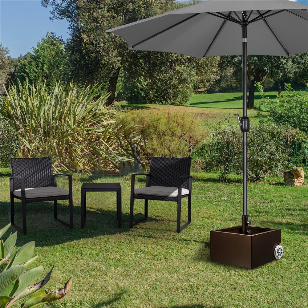 Yaheetech Portable Metal Umbrella Base Stand with Fillable Planter, Drainage, Wheels for Patio Garden Backyard, Brown