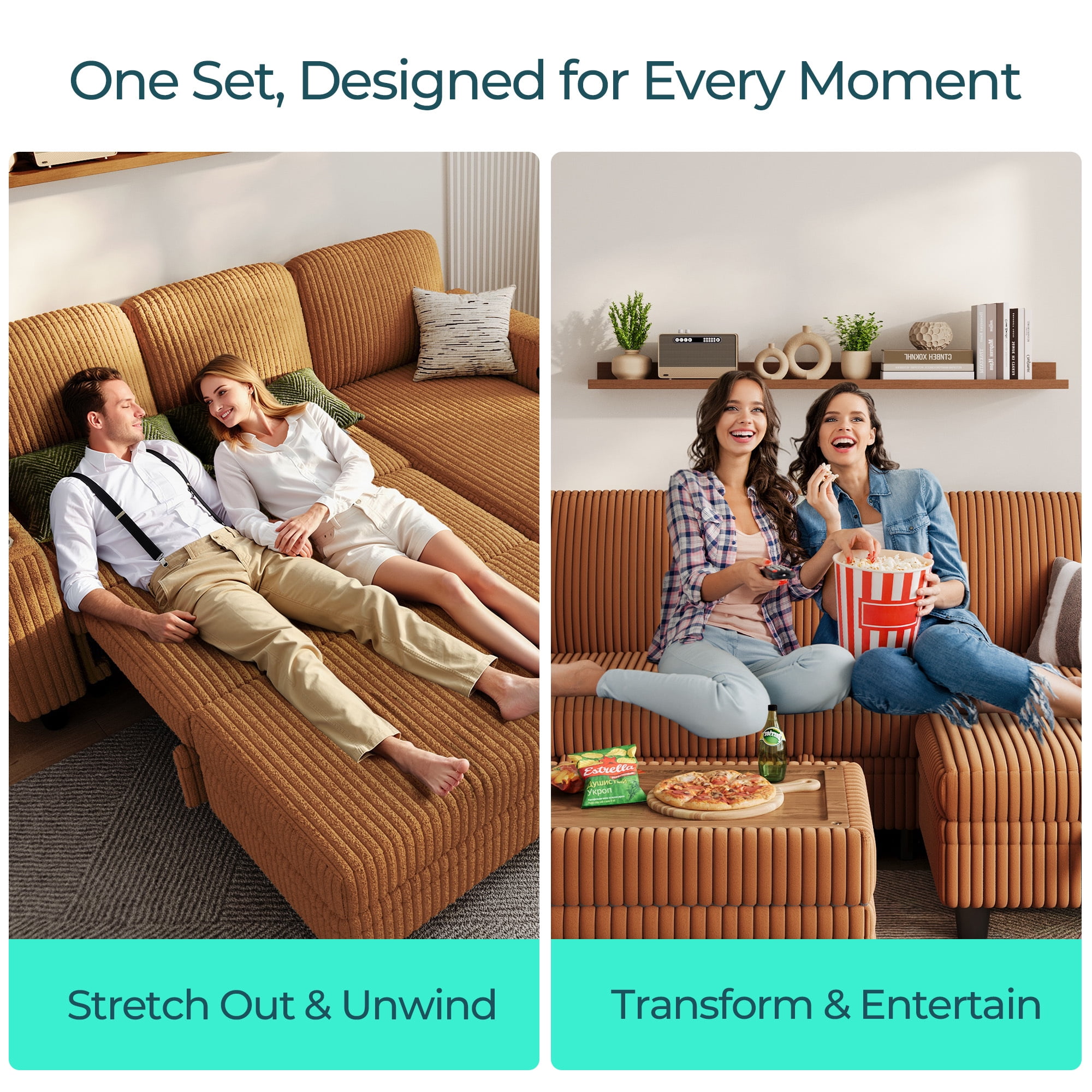LINSY HOME Modular Sectional Couches for Living Room, Sofa Bed with Storage Seat, Pull Out Couch Bed with Storage Ottoman, Brown