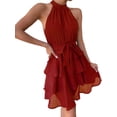 thumbnail image 3 of Women'S Tie Sleeveless Ruffle Hem Dress Patchwork Design Summer Chic Beach Party Gown Red XL, 3 of 8