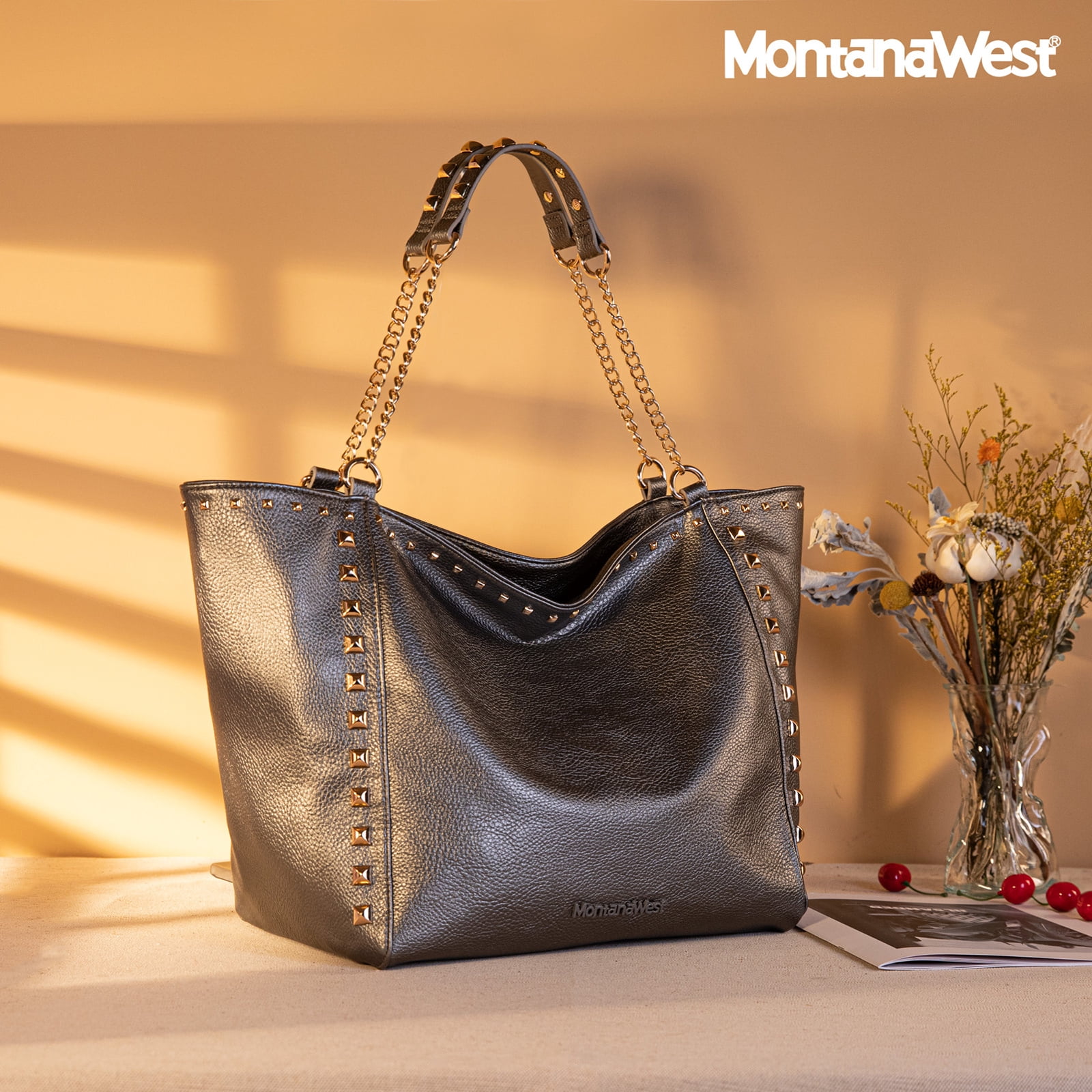 Montana West Large Tote Bag for Women Oversized Shoulder Purses with Chain Handbags, Pewter