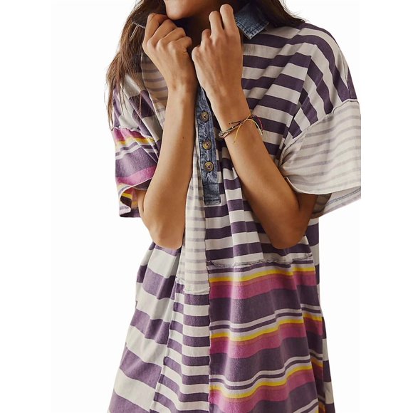 Women Contrast Striped Babydoll Y2k Summer Patchwork T- Shirt Dress Vintage V Neck Short Sleeve Dress Lilac Stripes M