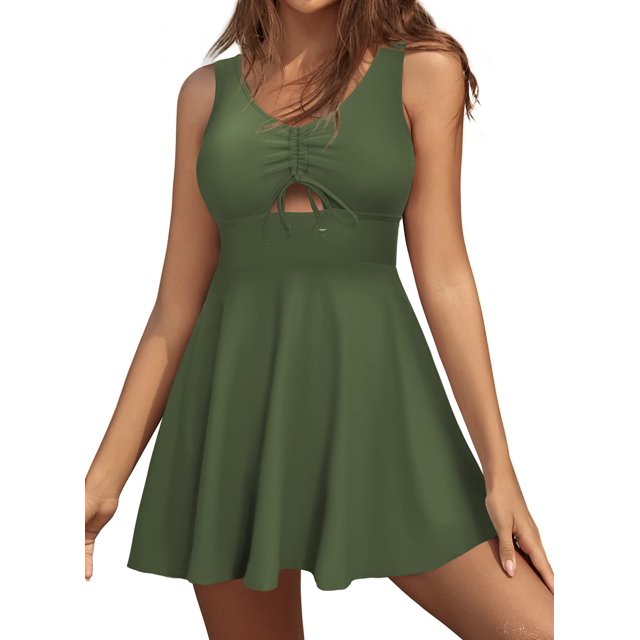 Traje de baño de una Pieza con Falda Delantera con Abertura y Recorte de cordón para Mujer Verde oliva CH Verde oliva CH Xishao ropa