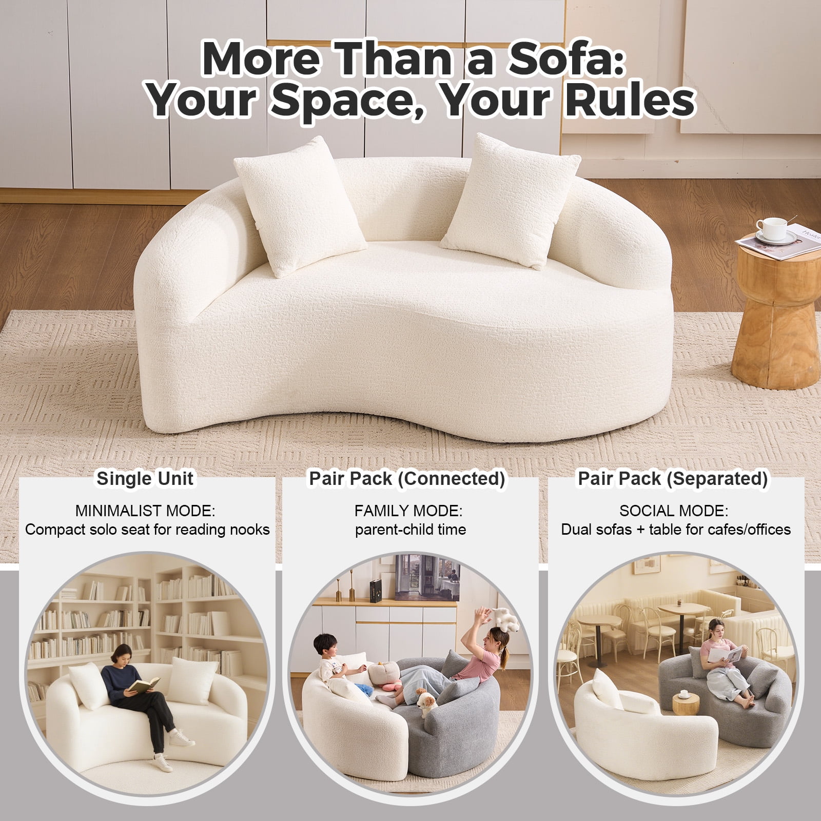 Sectional Sofa, Loveseat Sofa, Chenille Sofa with S-Curved Design and Dual-Depth Seat, Compact for Small Spaces Apartments Offices, No Assembly Required, White, 66.9 Inch