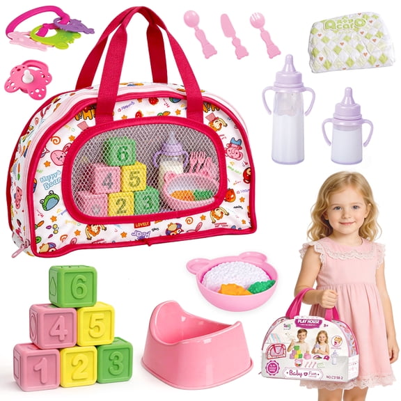 Chuvikid 20Pcs Baby Doll Accessories Set with Carry Handbag for Storage-Feeding Set,Pacifier,Bottles,Bowl Spoons,Dolls Feeding Kit for Kids Girls Party Gift Aged 3-12