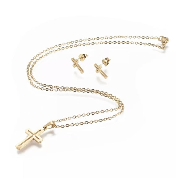 QQTDFG Stainless Steel Set Earring Pendant Necklace Cross Gold 18" P834-default