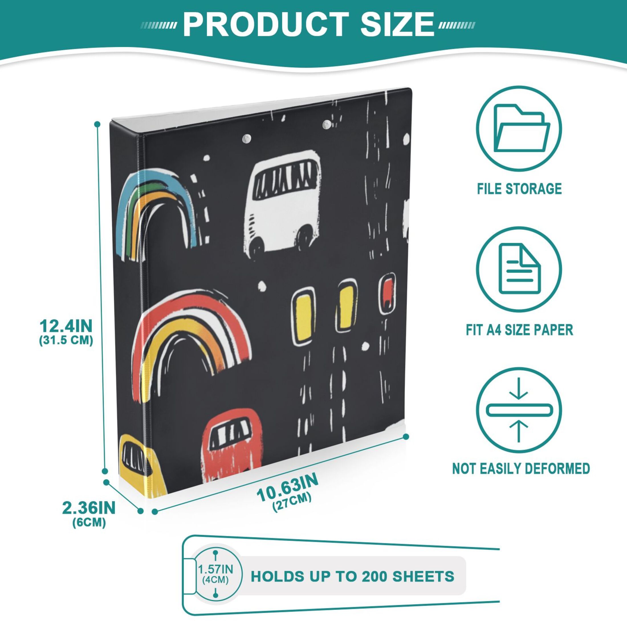 Cars Doodle 3 Ring Binders 1.5 inch Hardcover File Folders with Interior Pockets A4 Size Organizer for School Office Hospital