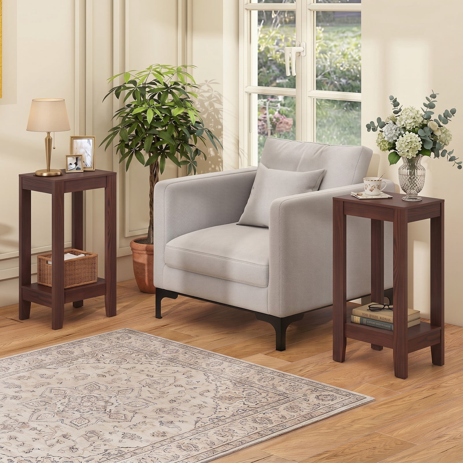 Furnibear Set of 2 2-Tier End Tables with Storage Shelf, Compact Wood Side Table Nightstand for Living Room Bedroom Small Spaces, Sofa Couch Bedside Accent, Brown