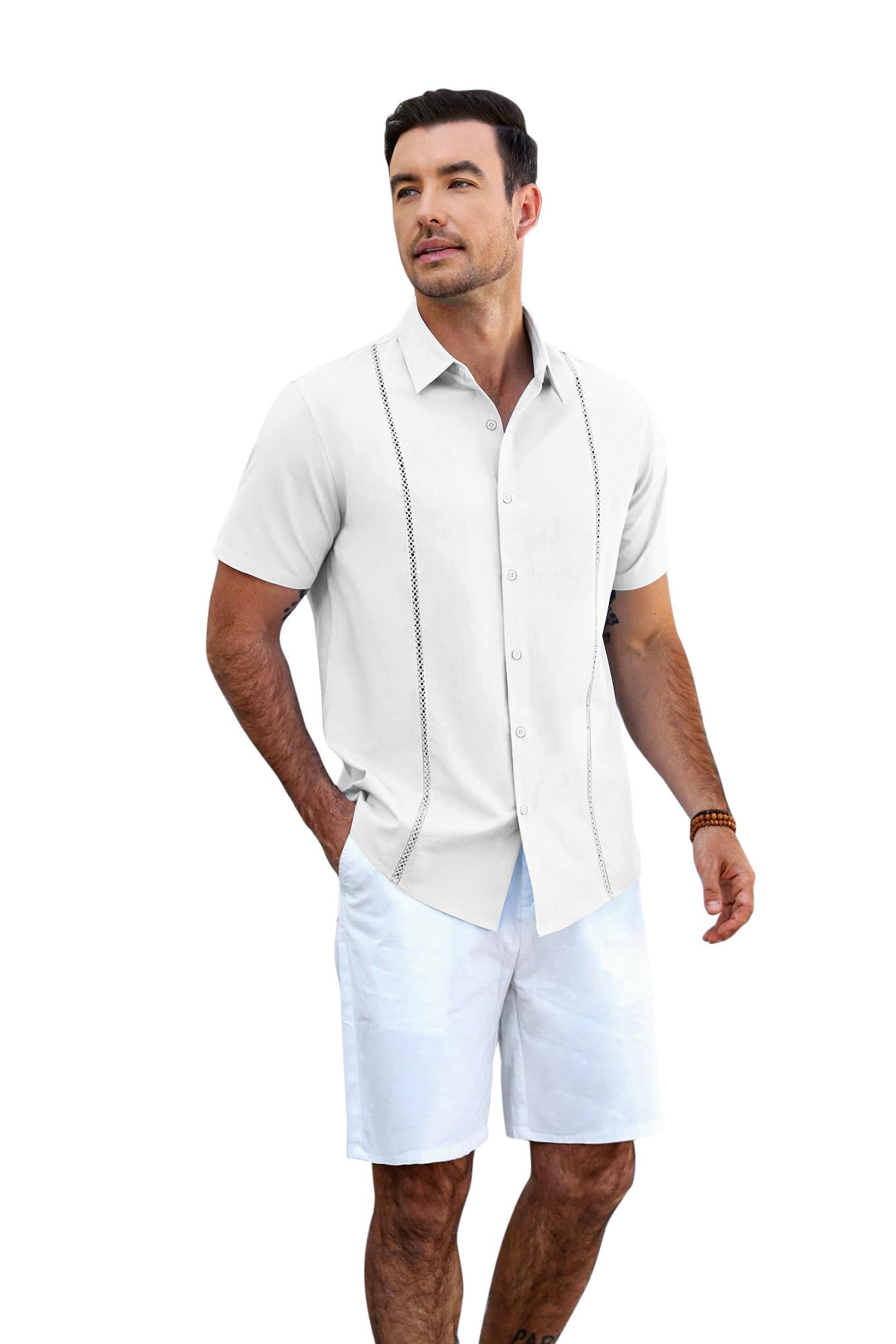 COOFANDY Men's Relaxed Fit Button-Up short Shirt with Decorative Stripes - Casual and Office Wear