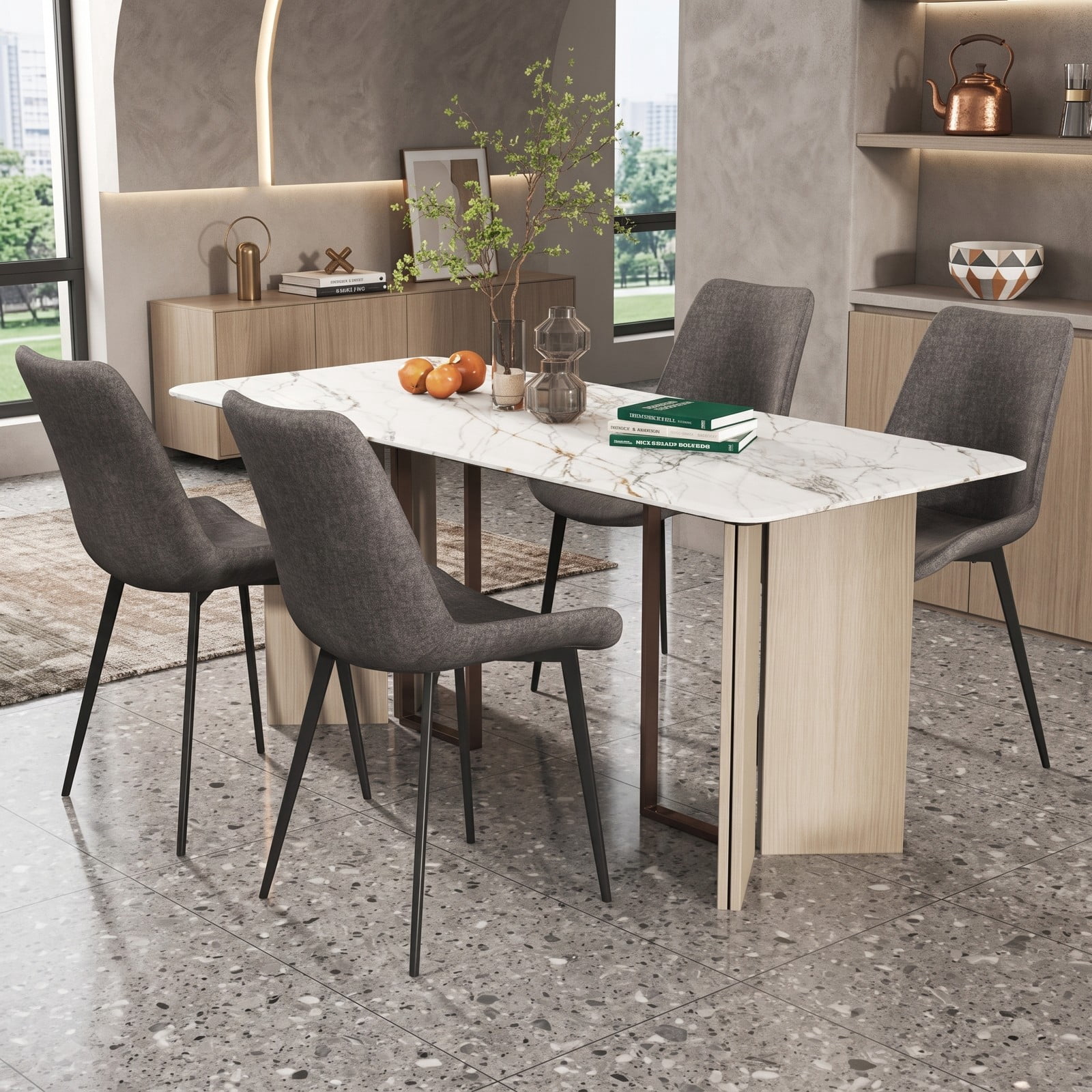 Furnibear Set of 4 Upholstered Dining Chairs with Metal Legs, Faux Linen Padded Back Kitchen Side Chairs, Ergonomic Armless Accent Chairs for Dining Room Living, Gray