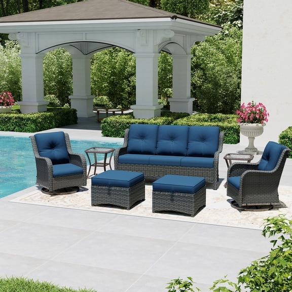 Joyside 7 Piece Wicker Patio Set with 3-Seat Sofa, 2 Swivel Rocker Chairs, 2 Ottomans & 2 Side Tables, Outdoor Furniture Sectional Conversation Set for Deck Porch, DarkBlue