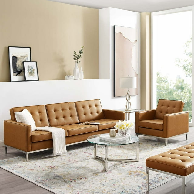 Modway Loft Tufted Upholstered Faux Leather Sofa and Armchair Set in Silver Tan