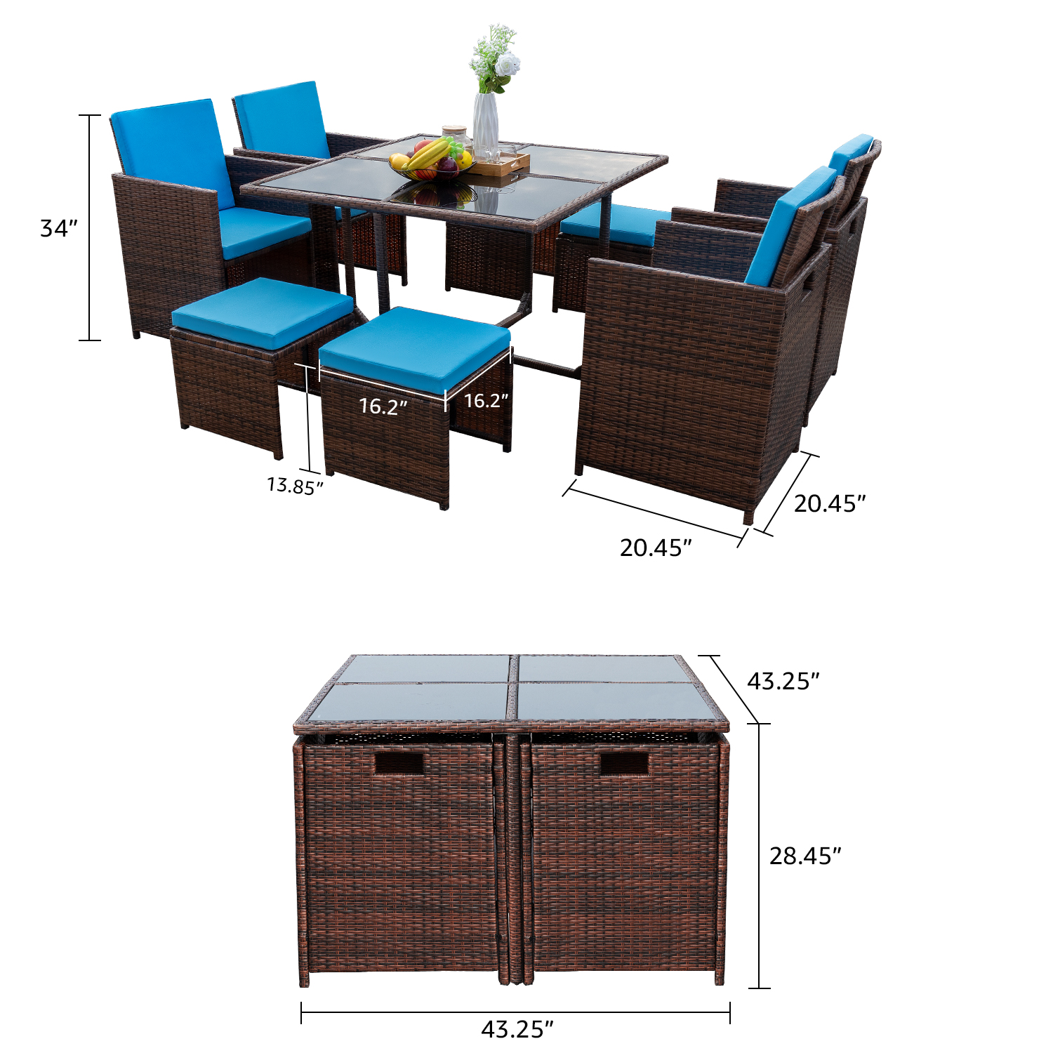 Lacoo 9 Pieces Patio Dining Sets Outdoor Furniture Patio Wicker Rattan Chairs and Tempered Glass Table Sectional Set Conversation Set Cushioned with Ottoman (Blue) - image 3 of 3