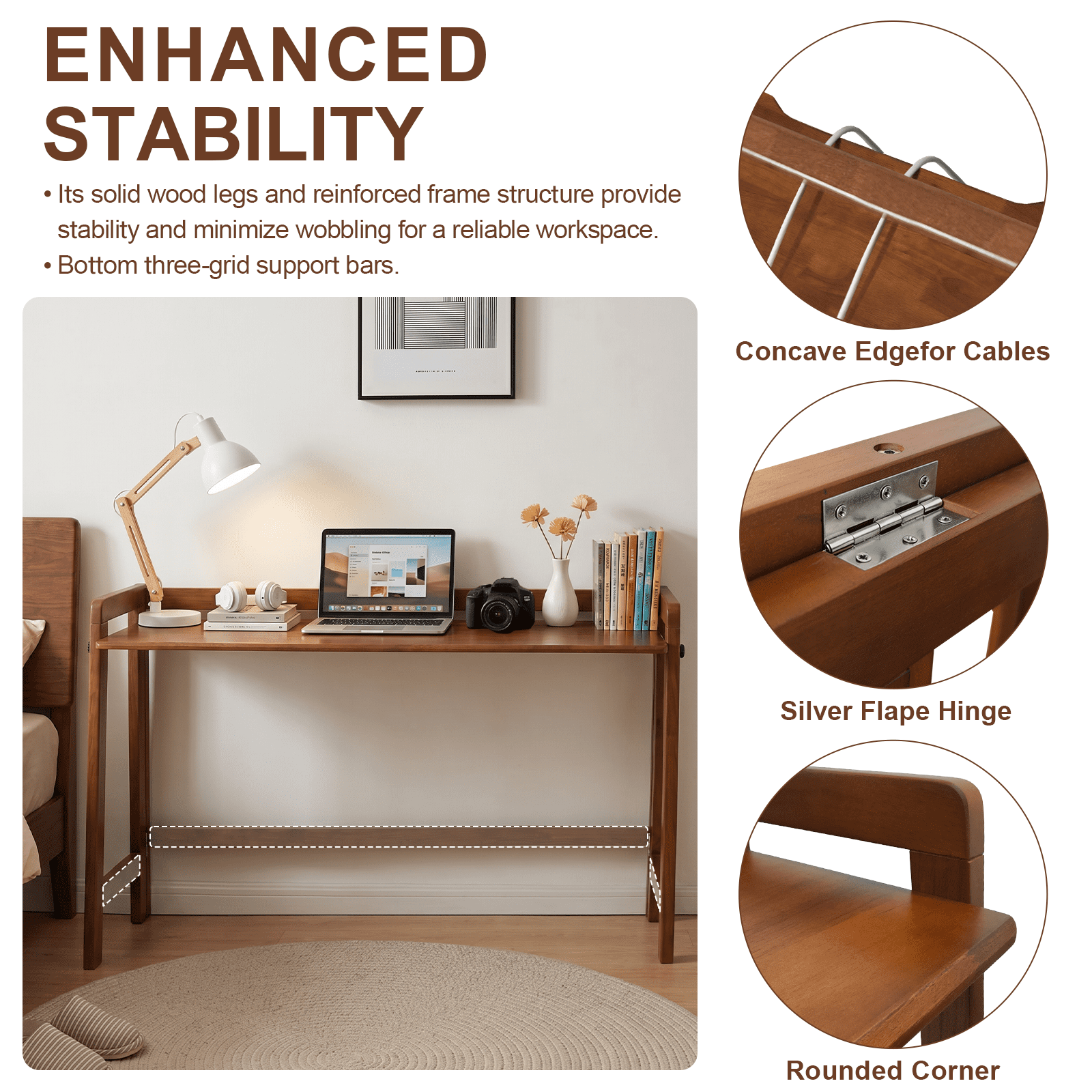 49-Inch Folding Solid Wood Desk with Cable Grooves, Mid-Century Modern Foldable Computer Desk and Writing Table for Home Office, Walnut