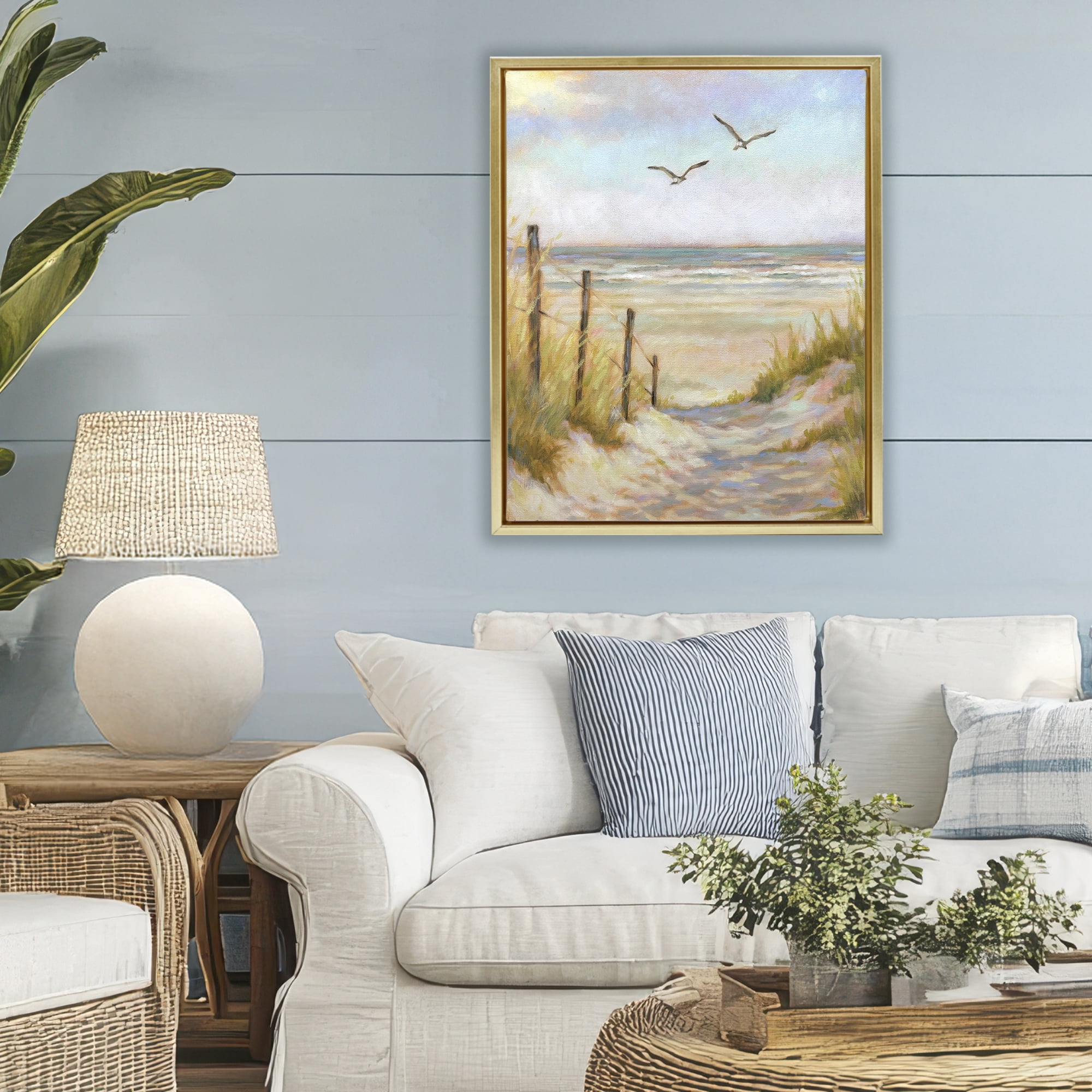 Stupell Industries Tranquility Beach Coastal Path Gold Framed Floater Canvas Wall Art, design by Linda Sperruzzi