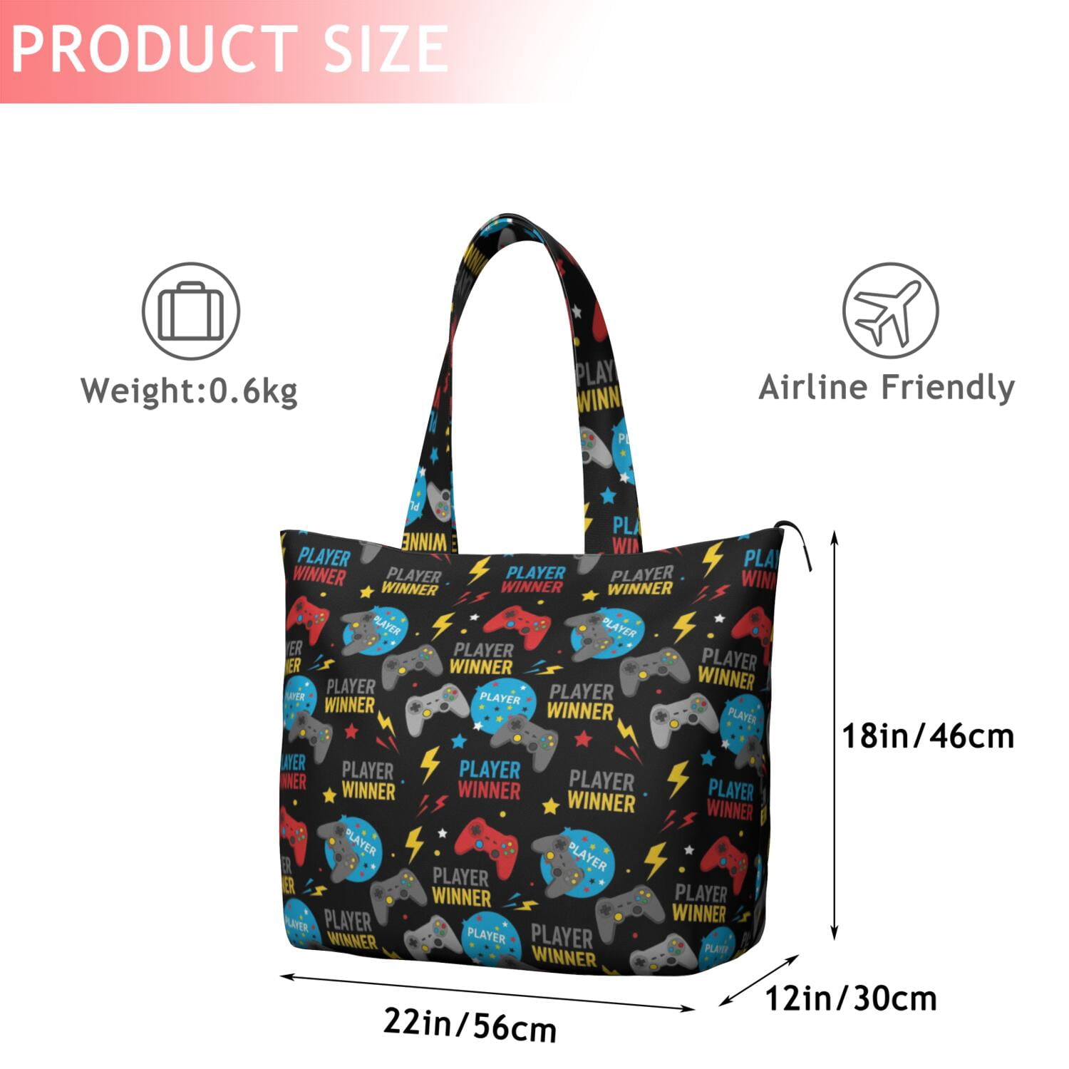 Colorful Controllers Games Badges Black Pattern Travel Tote Bags for Women Carry On,Large Weekender Bags for Women Travel,Multi Functional Duffle Bag for Work,Shopping,Sports