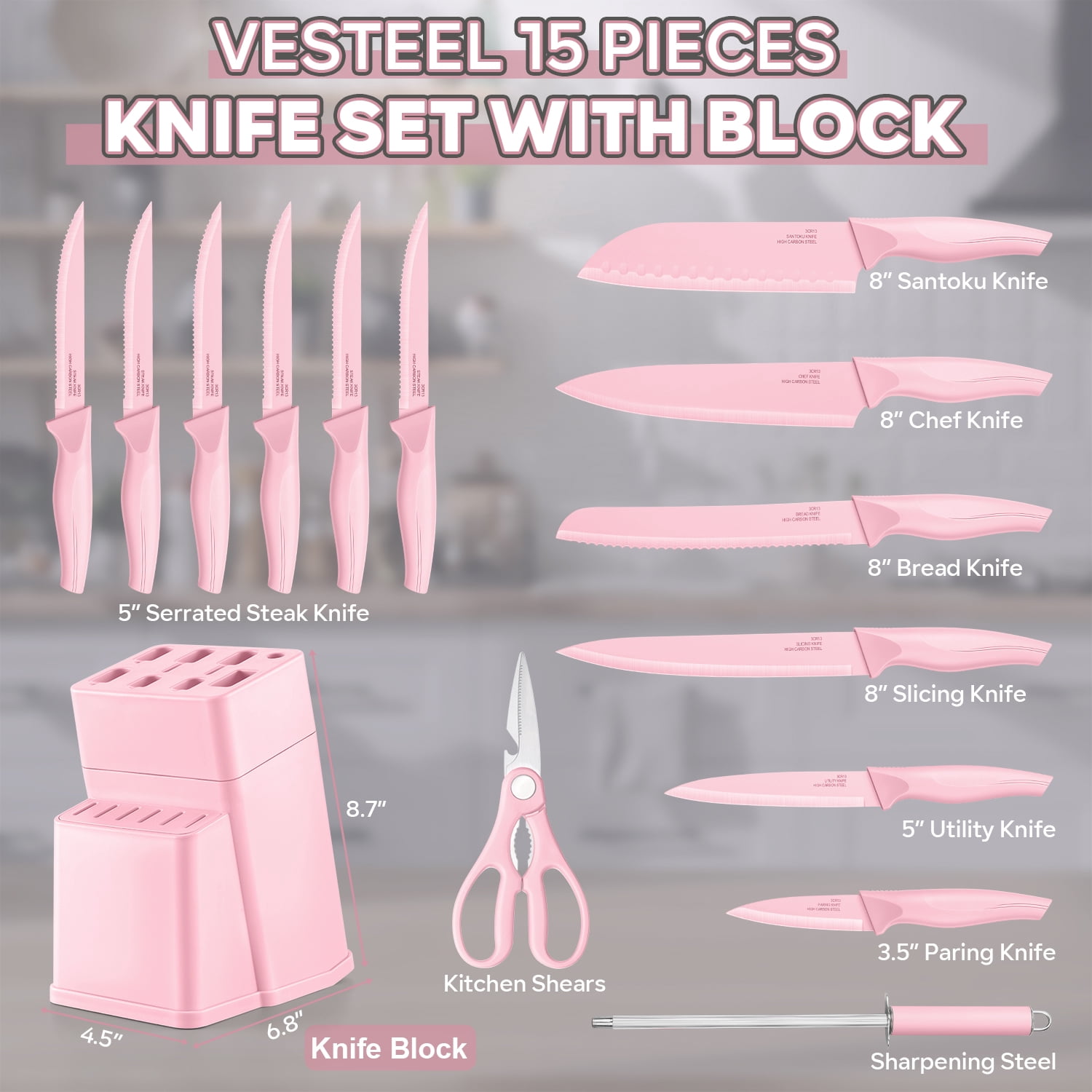 Vesteel Knife Set for Kitchen with Block, 15 Pcs High Carbon Stainless Steel Kitchen Knives Set with Sharpener Kitchen Shears - Pink