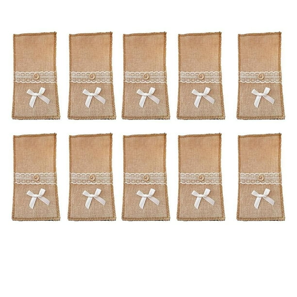Juego de 10 bolsas porta utensilios rústicas reutilizables para mesa