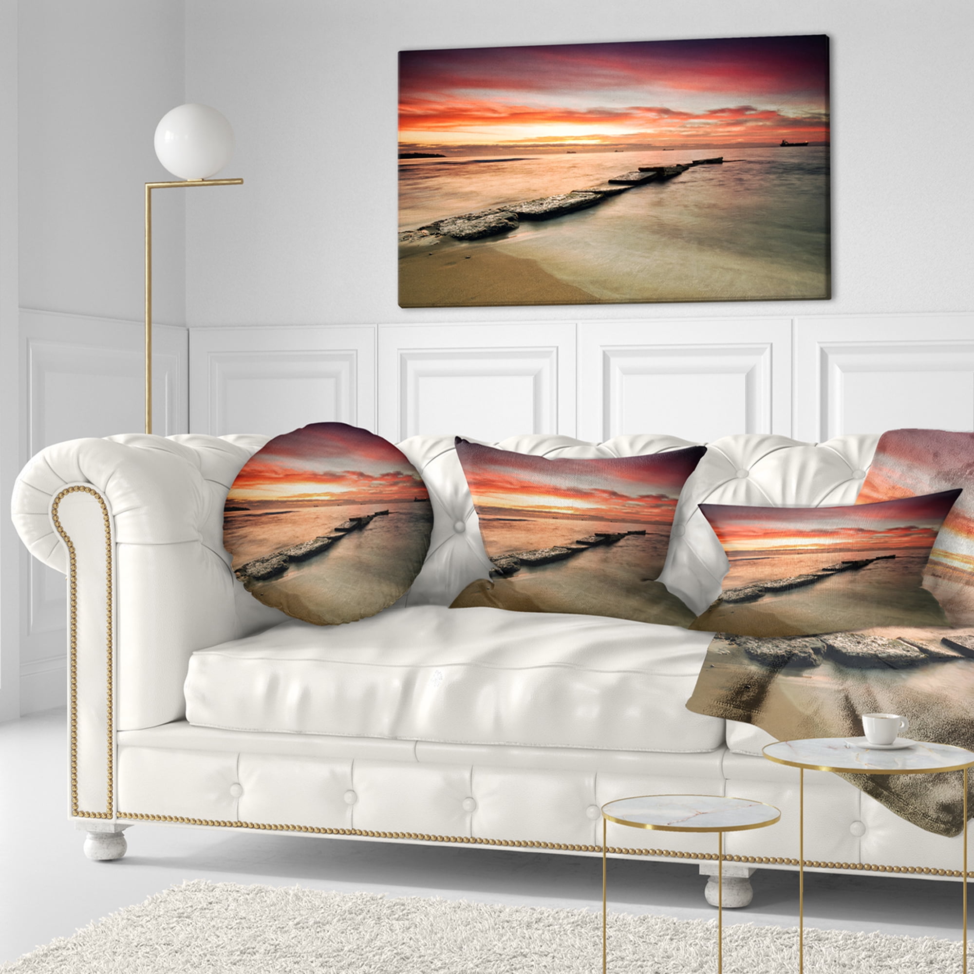 Designart Wonderful Sunrise on Black Ocean - Beach Photo Throw Pillow - 12x20