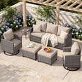 thumbnail image 2 of UDPATIO Patio Furniture Set, 6 Pieces Wicker Outdoor Couch with Rocking Swivel Chairs, Ottomans and Thick Cushions for Backyard, Khaki, 2 of 8