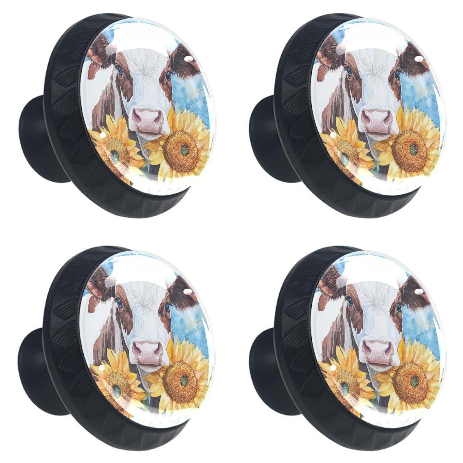 4 Pcs Cow and Sunflower Knobs for Kitchen Cabinet Cupboard Dresser Bookcase Drawer Pulls Handles Round Home Decor