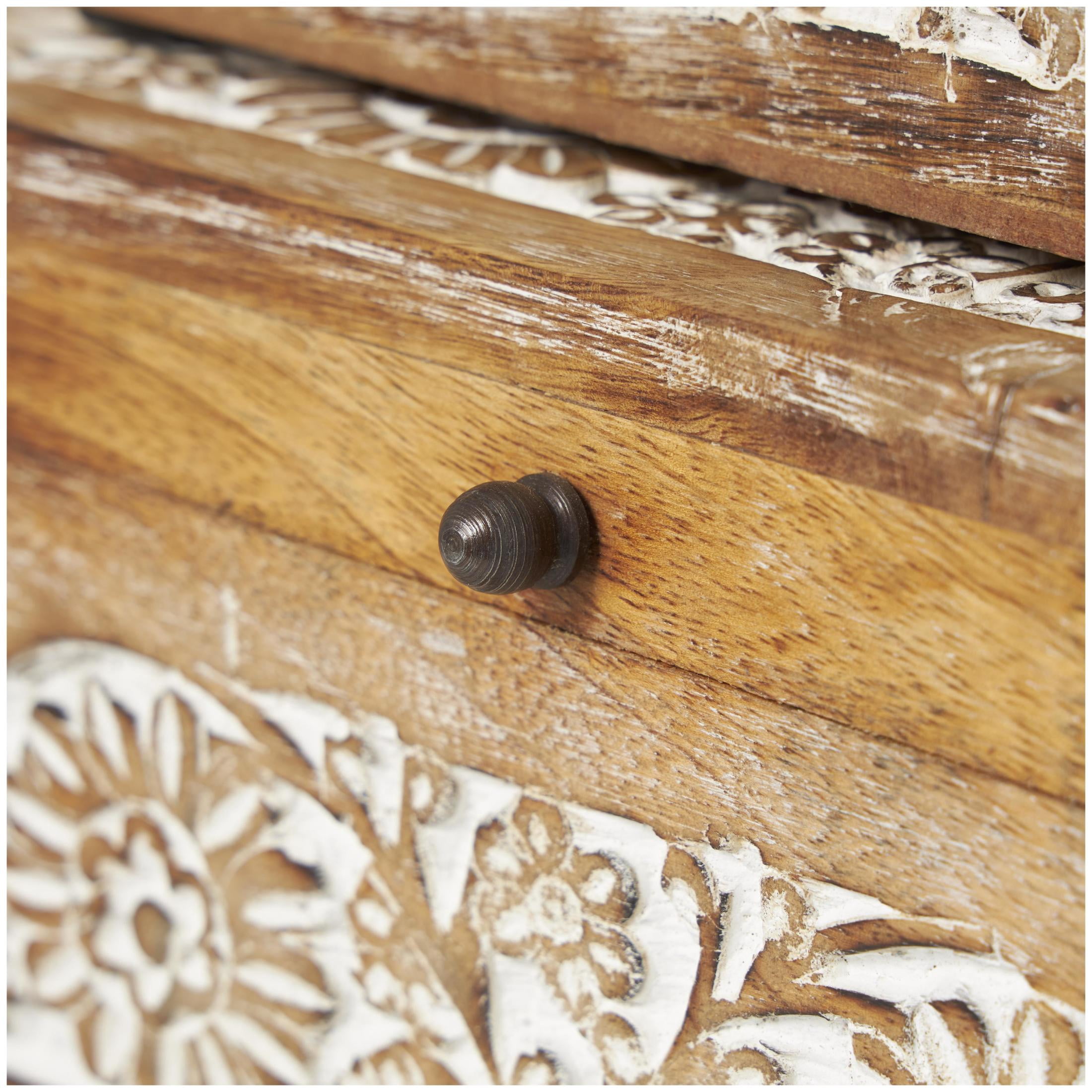 DecMode Coastal Carved Flower Wooden Decorative Box with Natural Brown Finish, Set of 3 8" , 10", 12"H
