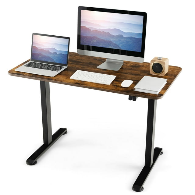 Patiojoy Bureau Électrique Réglable en Hauteur 44 Pouces x 24 Pouces Bureau Assis-Debout avec Plateau en Panneaux Assemblés Support Métallique Robuste en Forme de T Brun Rustique