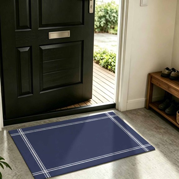 Front Door Mat Indoor Outdoor Dark Blue Non-Slip Doormat Low Profile Patio Porch Entryway Rug 16x24in Modern Solid Color