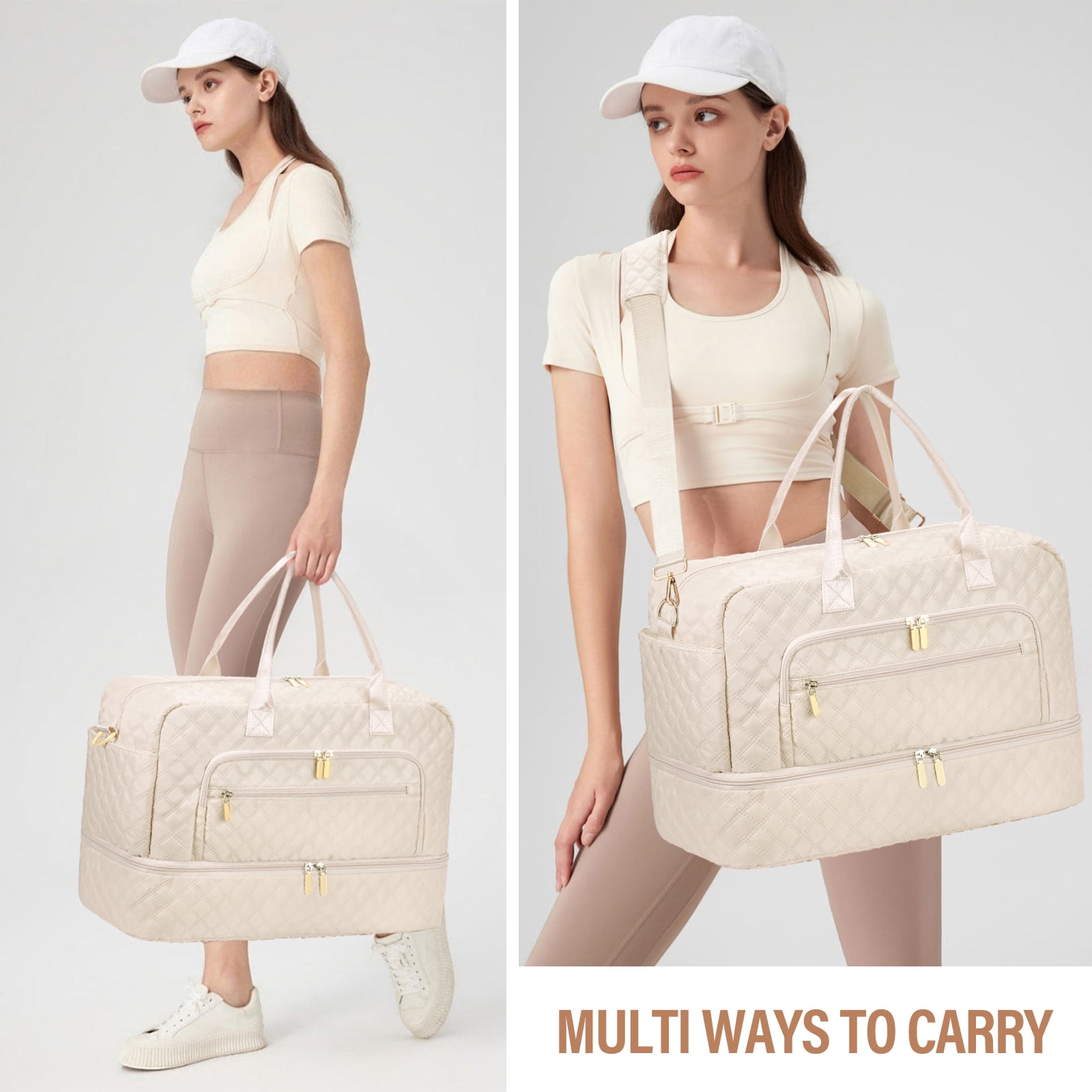 Livhil 2pcs Womens Overnight Bag, Carry on Weekender Bag with Shoe Compartment for Business Trips Sport Hospital, Beige