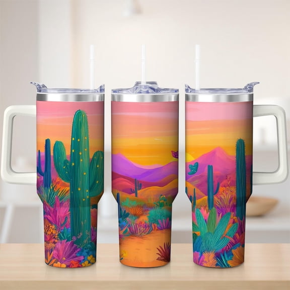 Desert Landscape Cactus Stainless Steel Insulated Mug with Lid and Handle, 30oz
