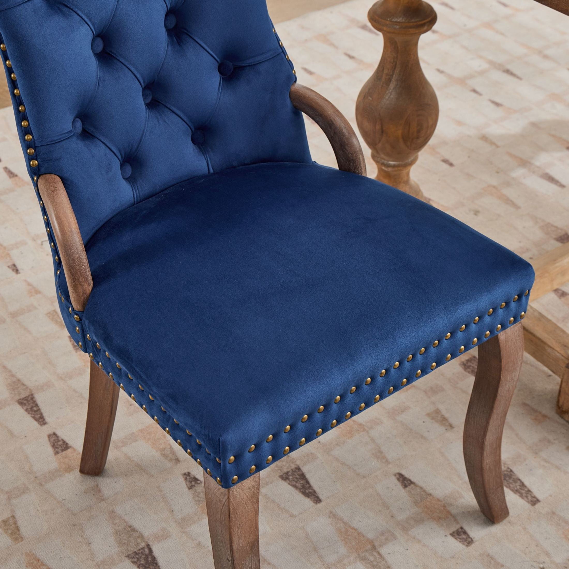 GDF Studio Set of 2 Dining Chairs with Tufted Velvet Upholstery, Copper Nailhead Trim, Blue