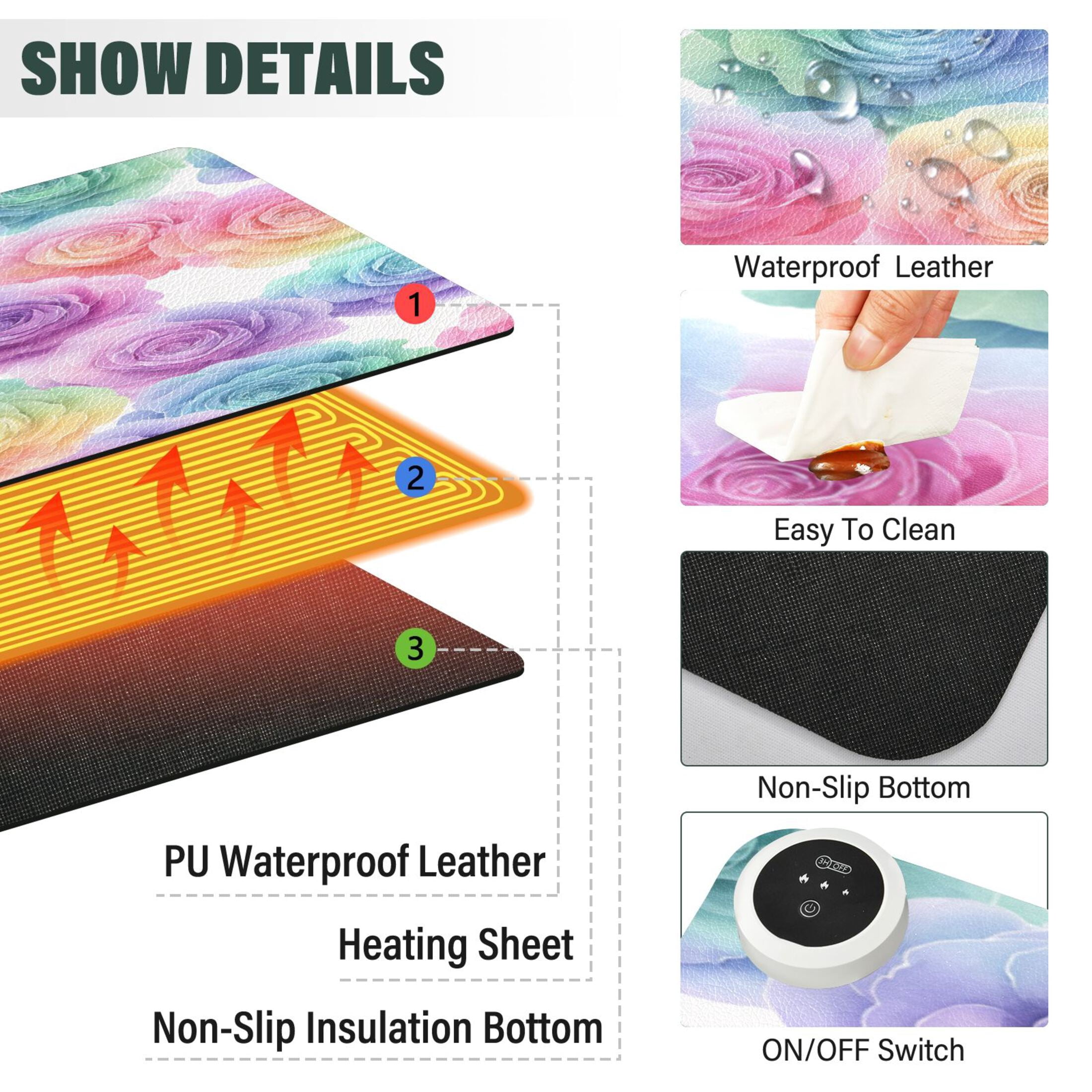 Large Heated Desk Mat Mouse Pad 31.5"x13"PU Leather Graphene Heating Desk Warmer with 3 Temperature Settings 110V US Plug Non-Slip Warm Pad for Home, Office, and Gaming Little Rainbow Rose Garden
