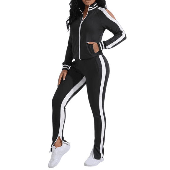 Women's 2 Piece Tracksuit Set Cold Shoulder Zip Up Jacket and Split Flare Pants Sweatsuit