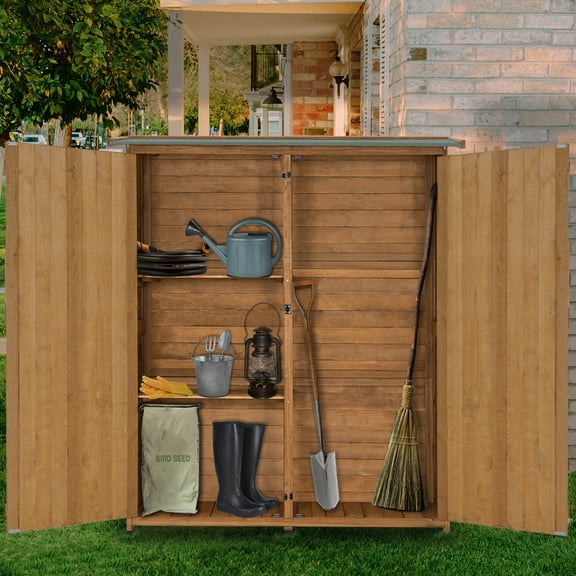 MCombo 64 inch Tall Outdoor Storage Cabinet with Shelves and Floor, Lockable Double Doors Garden Wood Tool Shed, Fir Wood