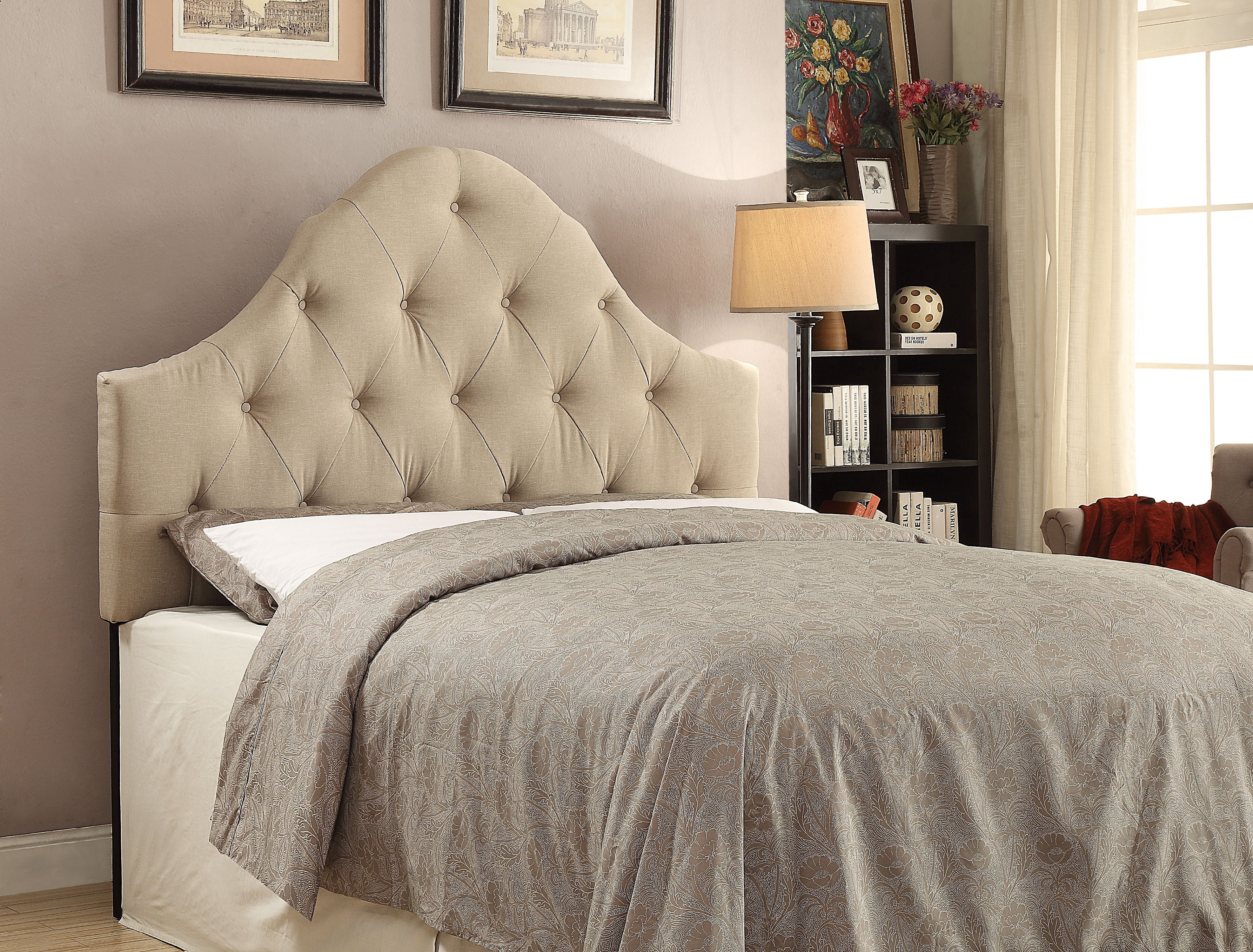 Curved Button Tufted Upholstered Queen Headboard in Hayden Beige