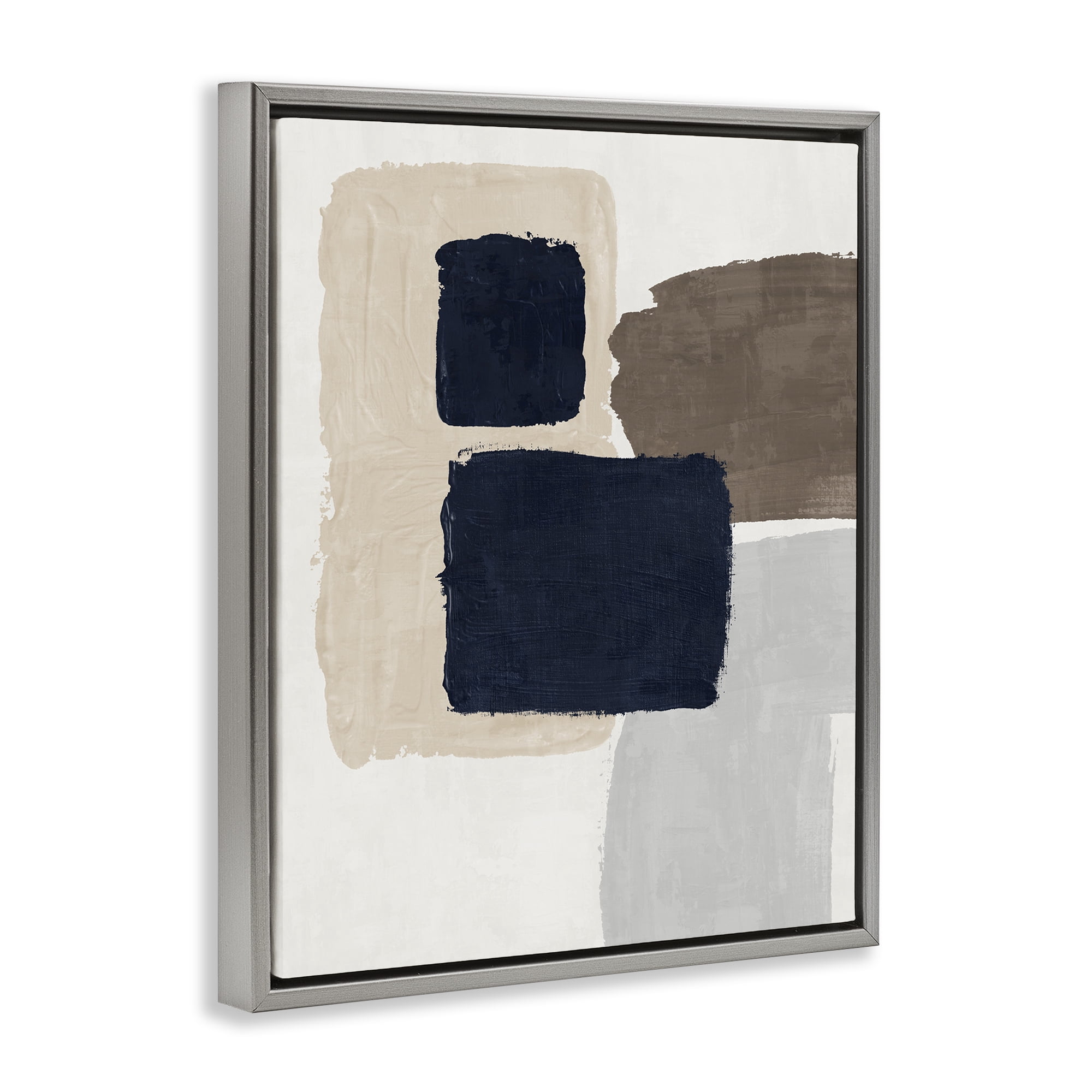 Stupell Industries Navy Blocked Shapes Abstract Painting Gray Floater Framed Canvas Art Print Wall Art, 17 x 21