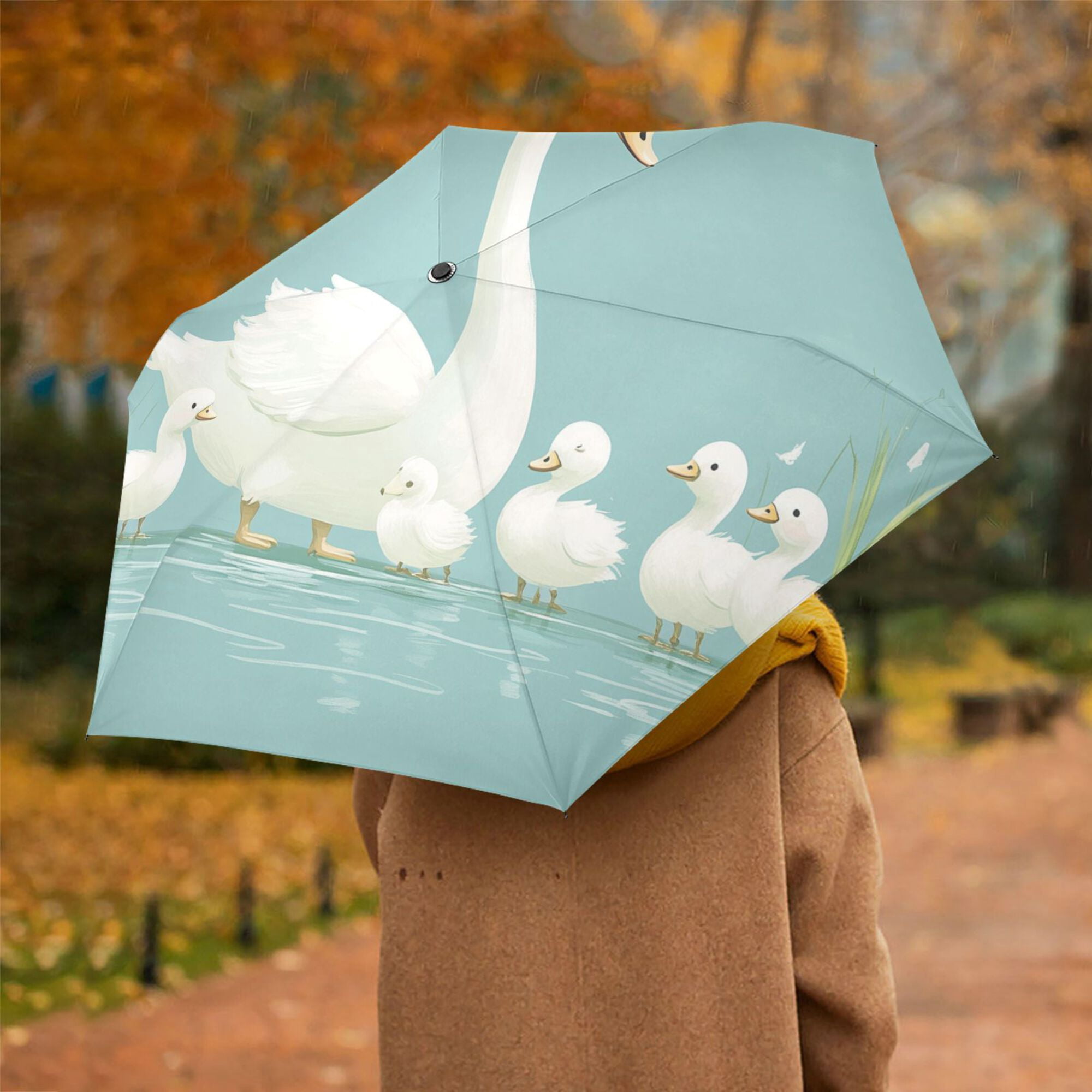 FORMRS Travel Umbrella Folding Auto Open Close Windproof Rain UV Protection, White Cartoon Swan