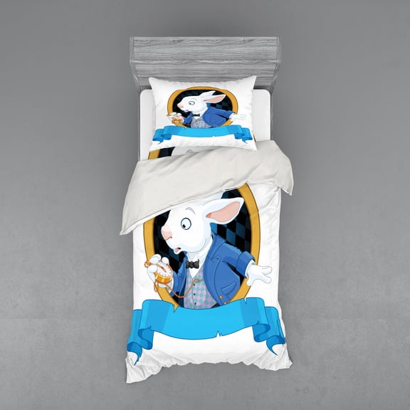 Ambesonne Cartoon Bedding Set 3 Pcs, Rabbit Bunny, Twin, Blue White Earth Yellow