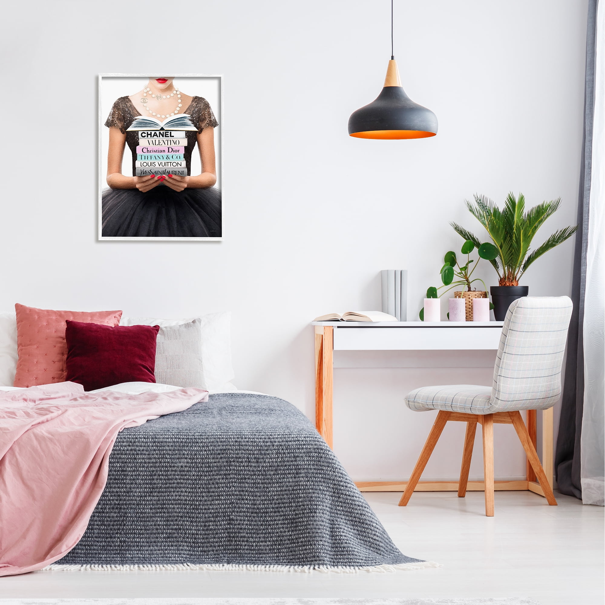 Stupell Industries Girl with Fashion Books Beauty & Fashion Painting White Framed Art Print Wall Art, 24 x 30