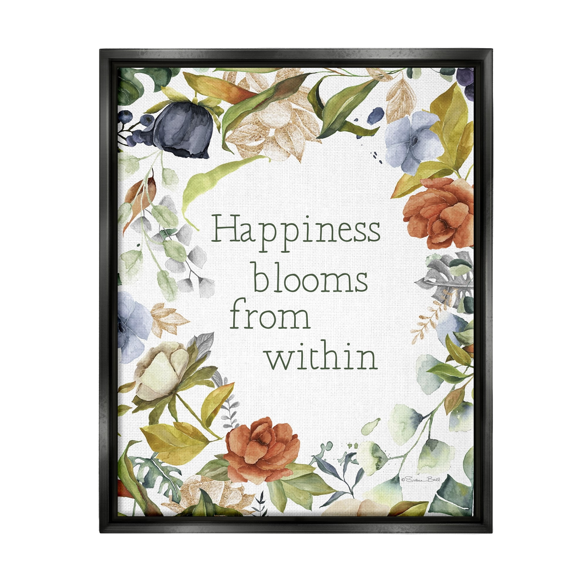 Stupell Industries Happiness Blooms From Within Comforting Floral Border Graphic Art Jet Black Floating Framed Canvas Print Wall Art, Design by Susan Ball