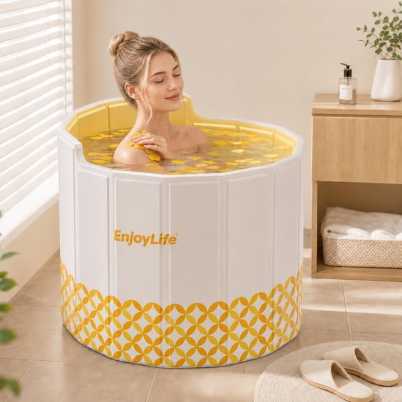 GIATUEE Portable Bathtub for Adults & Kids - Collapsible Outdoor Soaking Tub with Insulated Thermal Foam, Freestanding Hot/Cold Bath for Shower, Spa, Camping & Home Use, Yellow