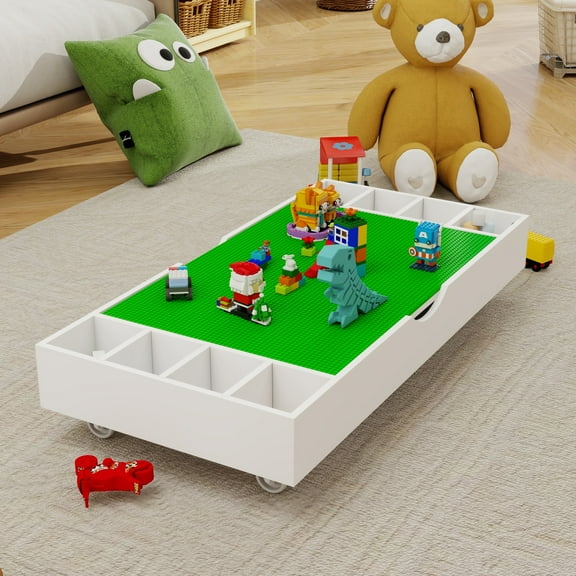 2-in-1 Rollaway Play Table & Toy Organizer - Lego-Compatible Building Surface, Whiteboard, Under-Bed Storage with Detachable Partitions