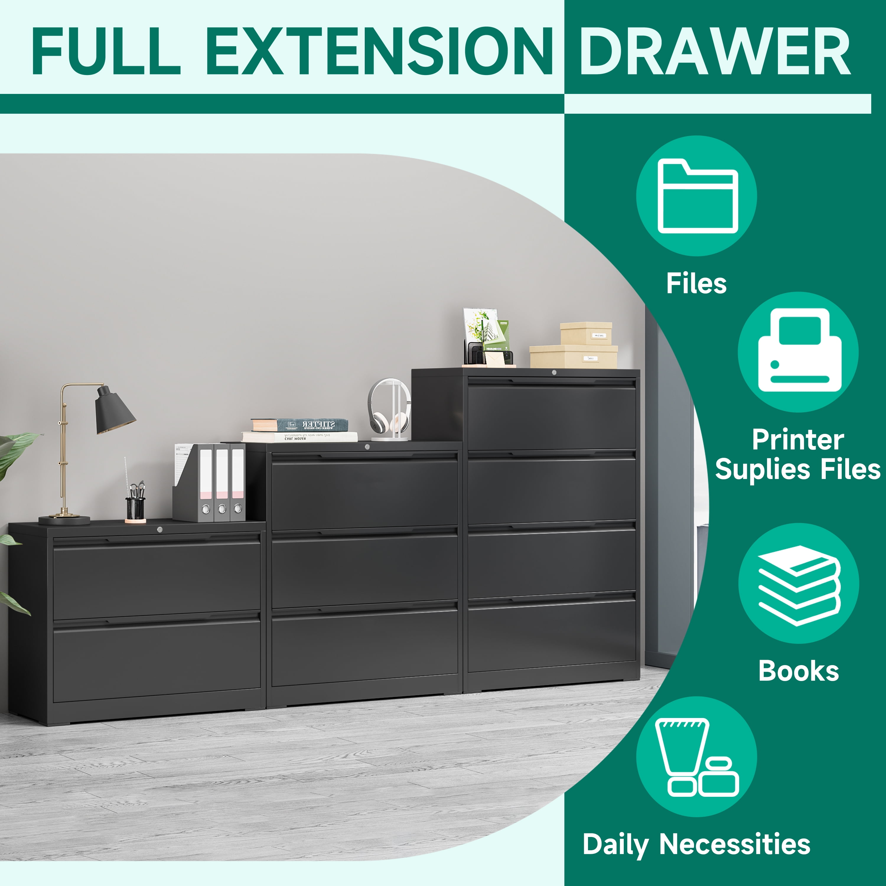 Kooyon 3 Drawer Lateral File Cabinet with Lock, Metal Filing Cabinet for Home Office, Black, Fits Letter/Legal/A4-Assembly Required