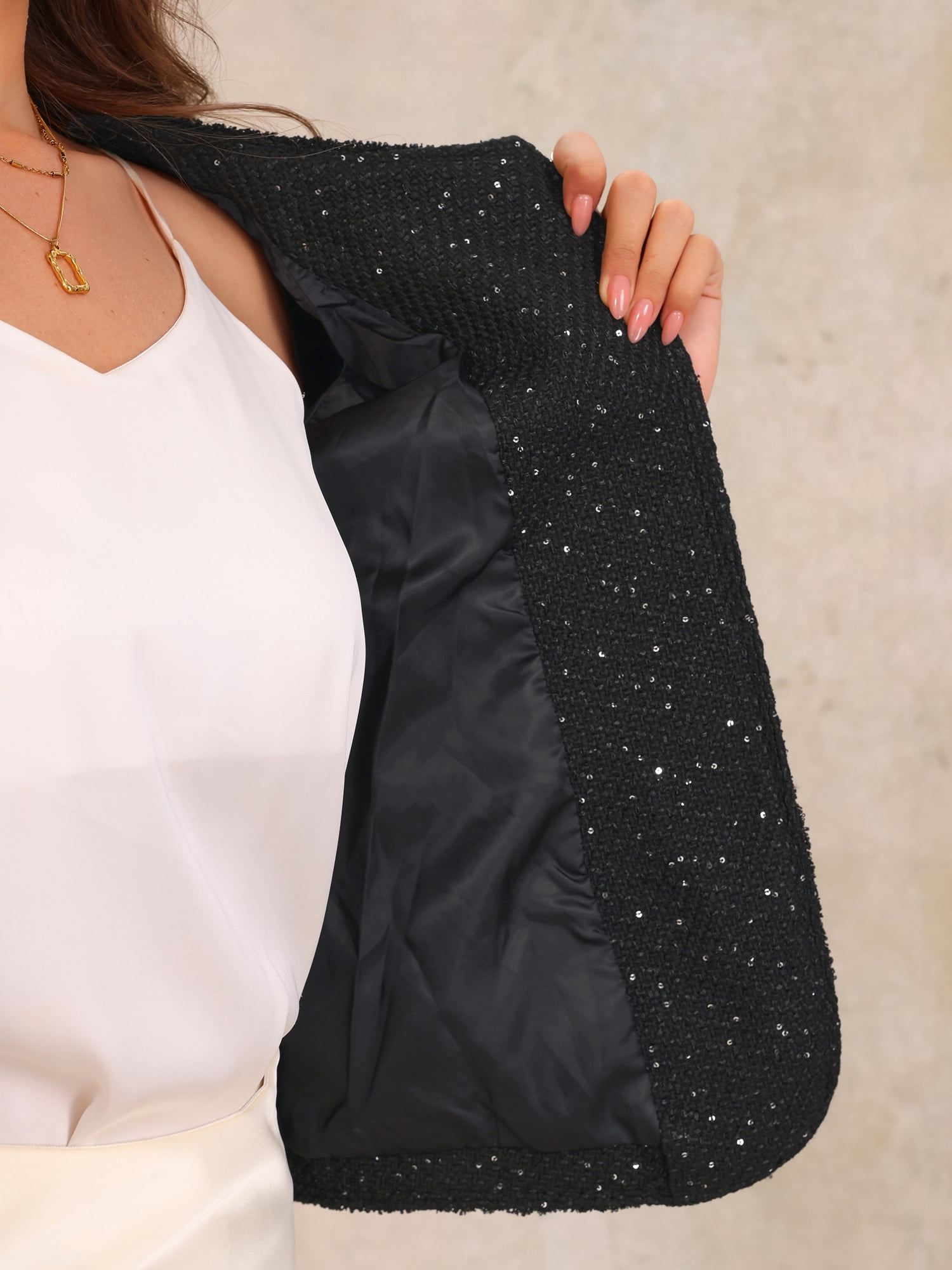 DARING DIVA Long Sleeve Casual Tweed Blazer Business Jacket L Black