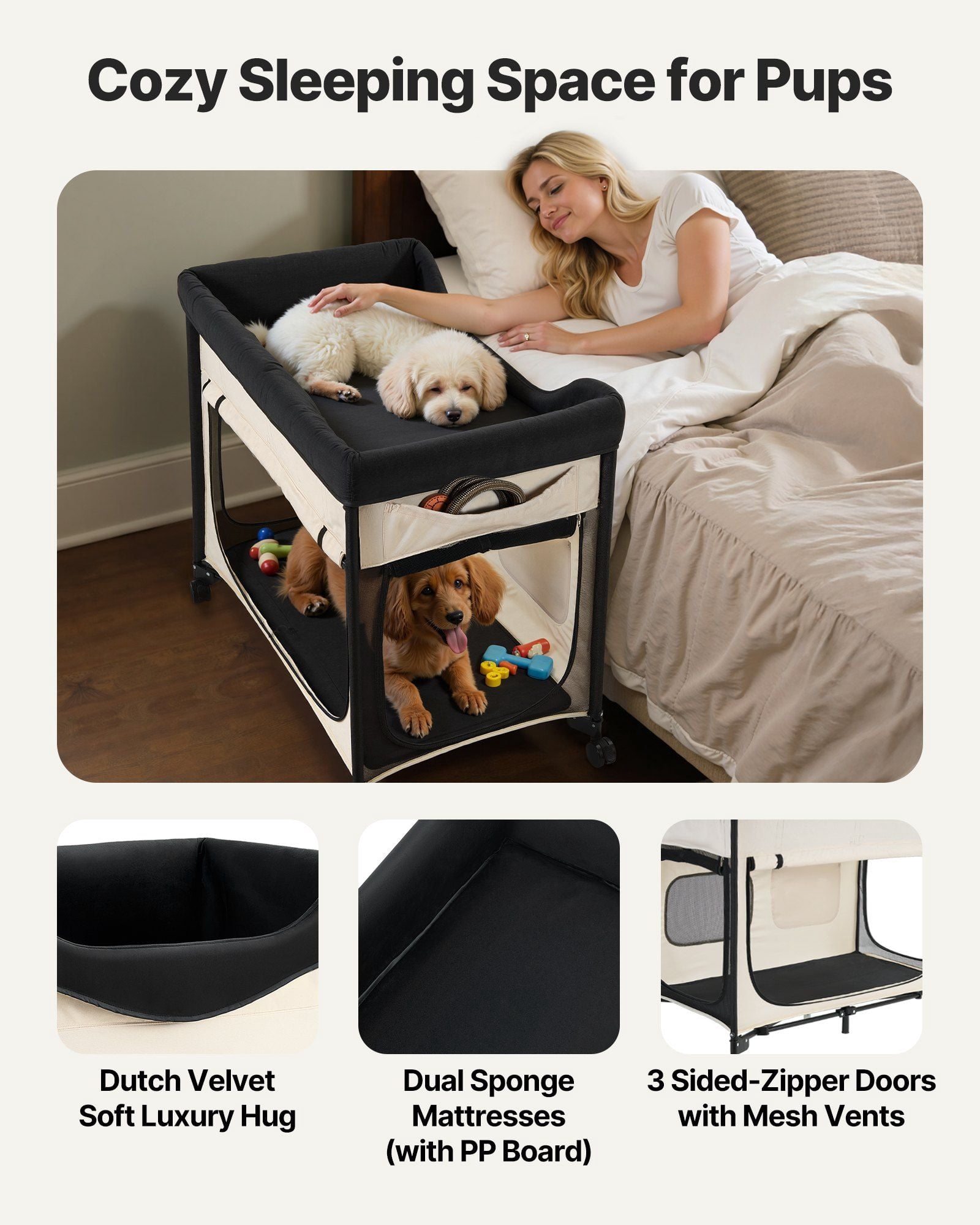 Elevated Lounge Pet Bed XL Foldable Bunk Dog Bed with Dual Levels, Swivel Wheels, Side Storage Bags, Waterproof Oxford Base, Carbon Steel Frame and Portable Design for Travel and Home Comfort