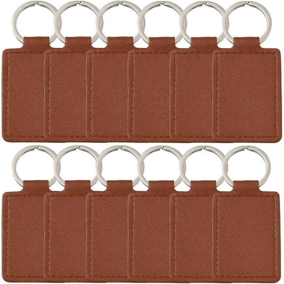 12PCS Rectangular PU Leather Keychain Blanks Brown Leather Key Fob Kits with Iron Keyring Blank Double Side Charm Kit Pendant Holder Bulk for DIY Craft Present Making Engraving Stamping