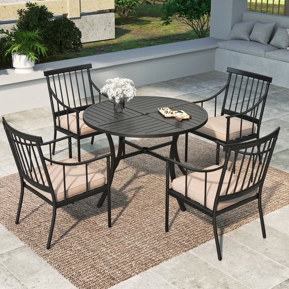 CROWN FIELD 5-Piece Outdoor Patio Dining Set with Cushioned Chairs & Round Table for 4-Person, All-Weather Resistance, Black & Beige