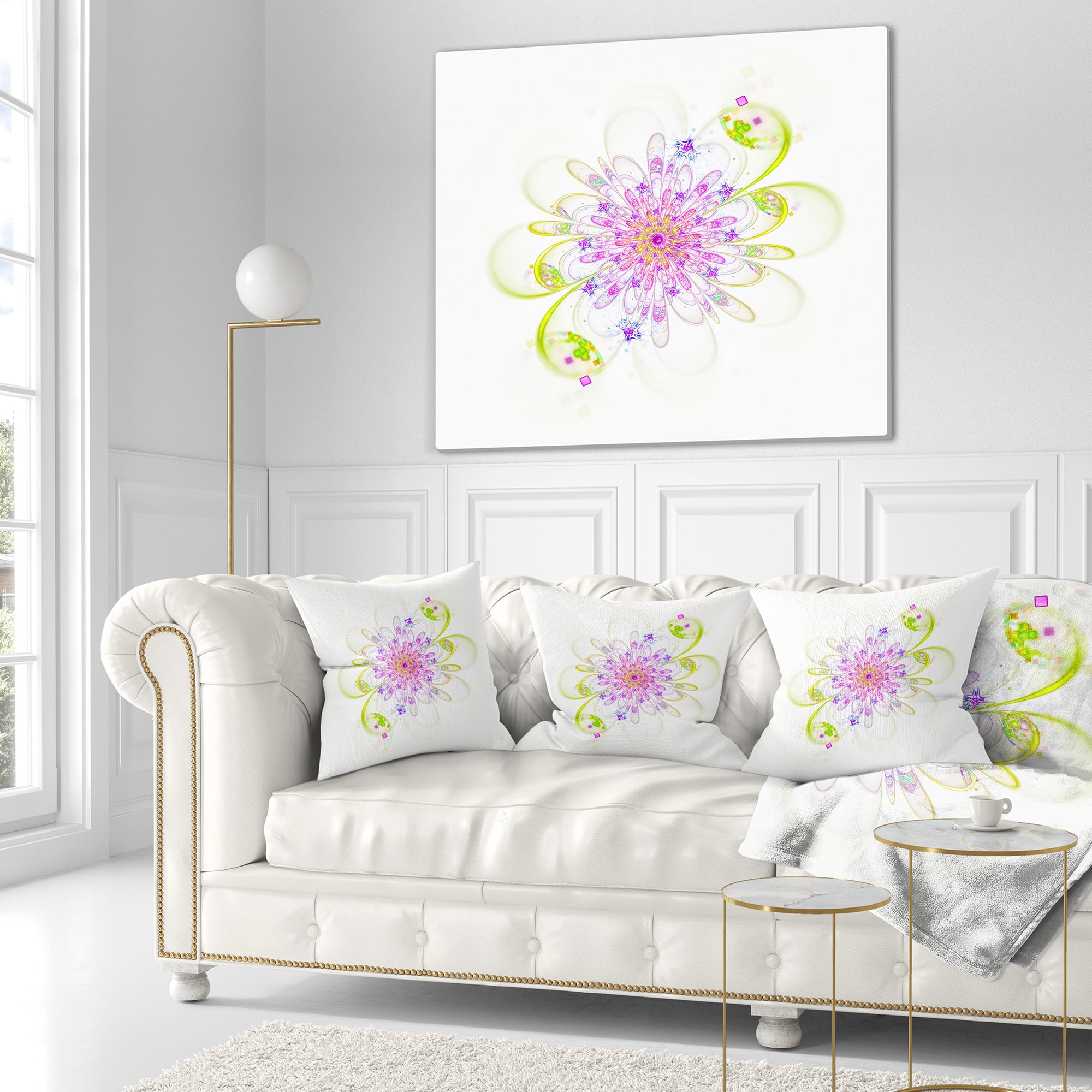 Designart Purple Green Glowing Fractal Flower - Floral Throw Pillow - 16x16