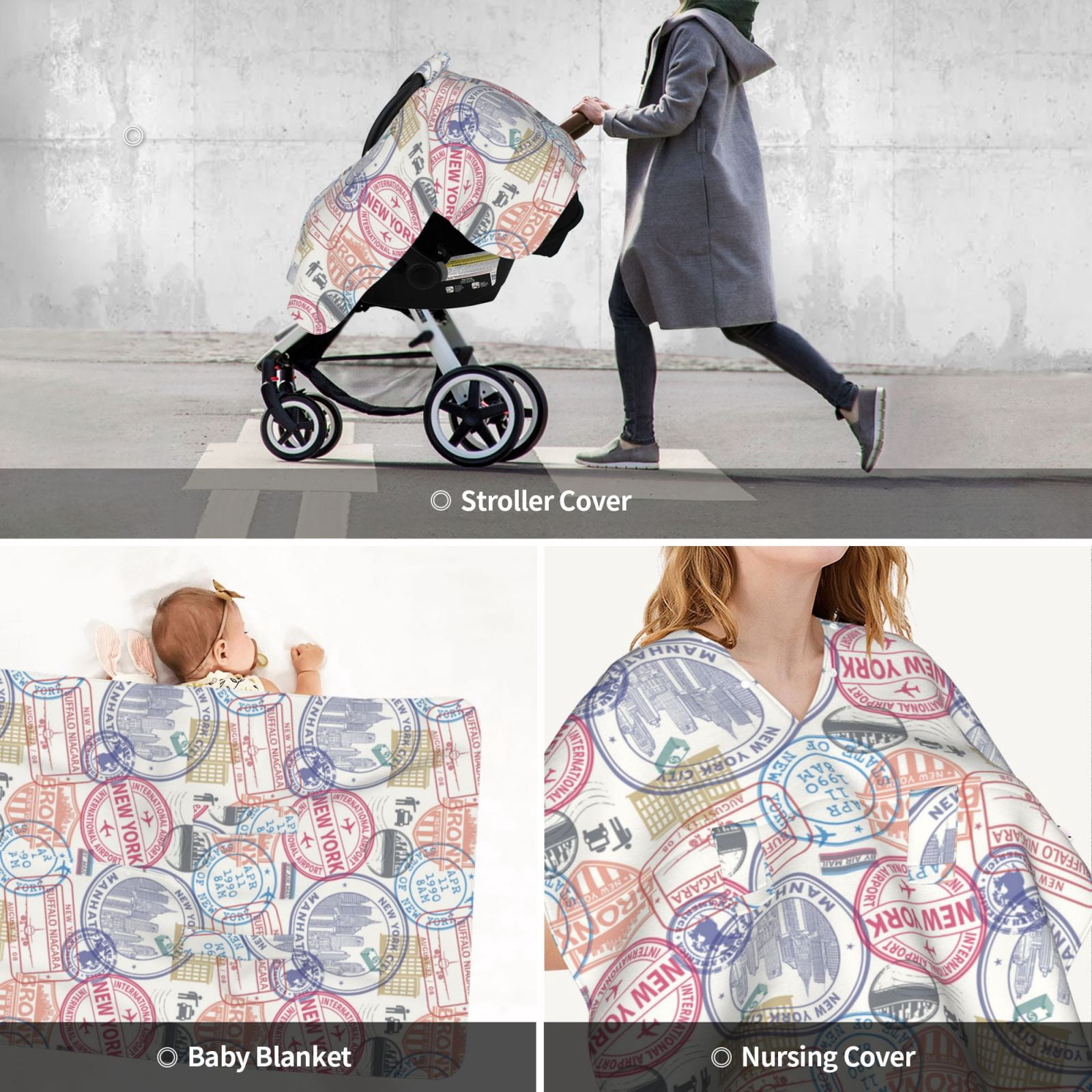Car Seat Cover Baby - Postmark Pattern newyork Breathable Infant Car Seat Cover for Baby Carseat, Lightweight Comfort Baby Essentials Must Haves Newborn Stuff for Girl Boy